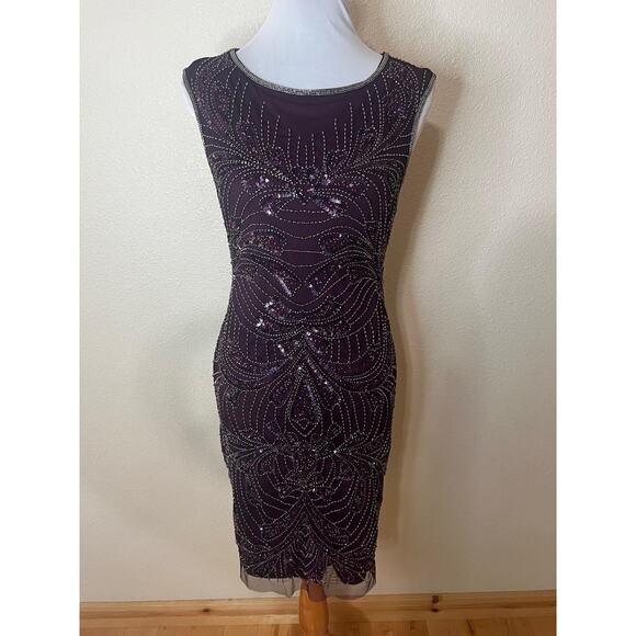 Adrianna Papell Art Deco Beaded Cocktail Dress Purple Silver Sequin Glam Women 4 - Picture 2 of 7